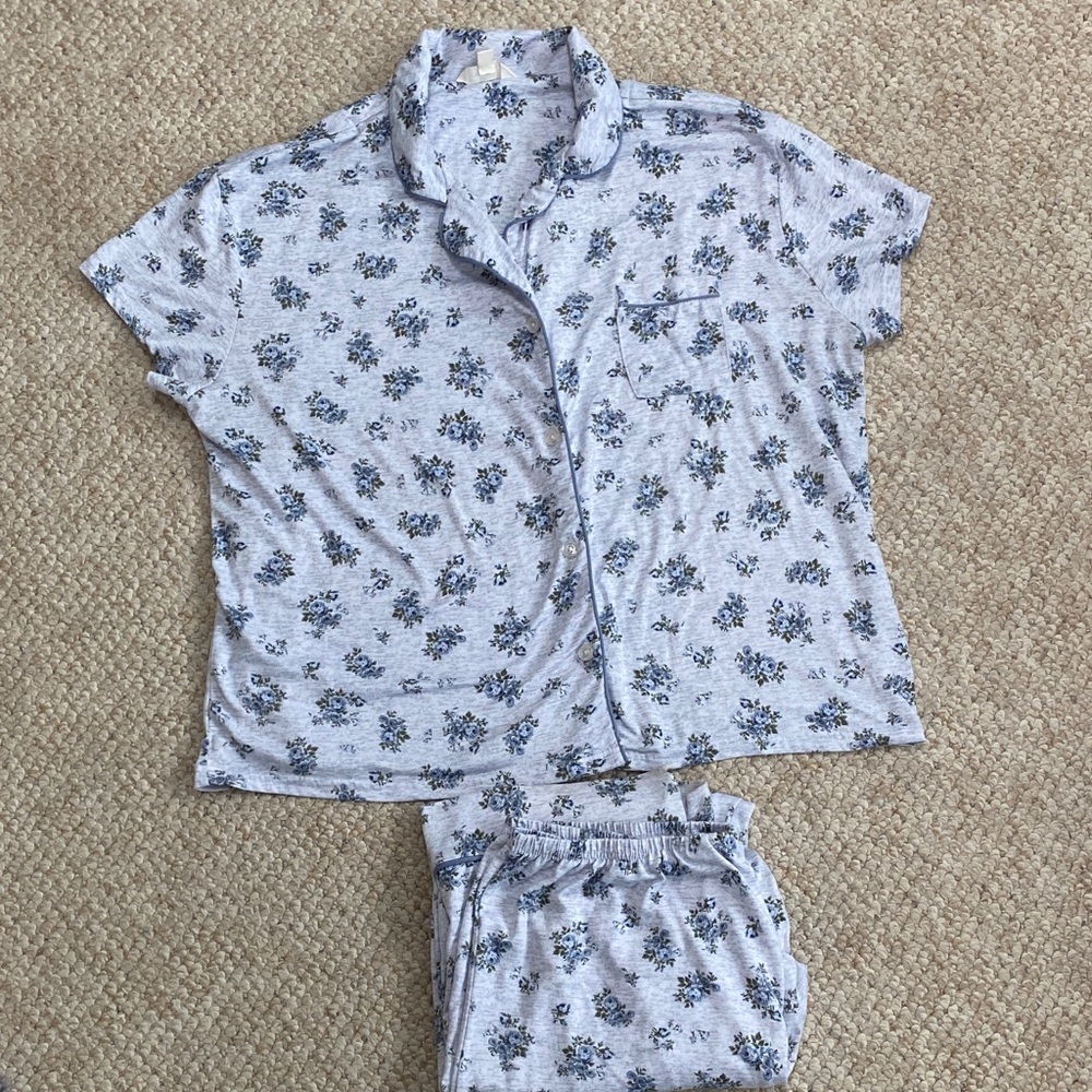 Laura Ashley Blue and Gray Floral Pajama top and full length bottom